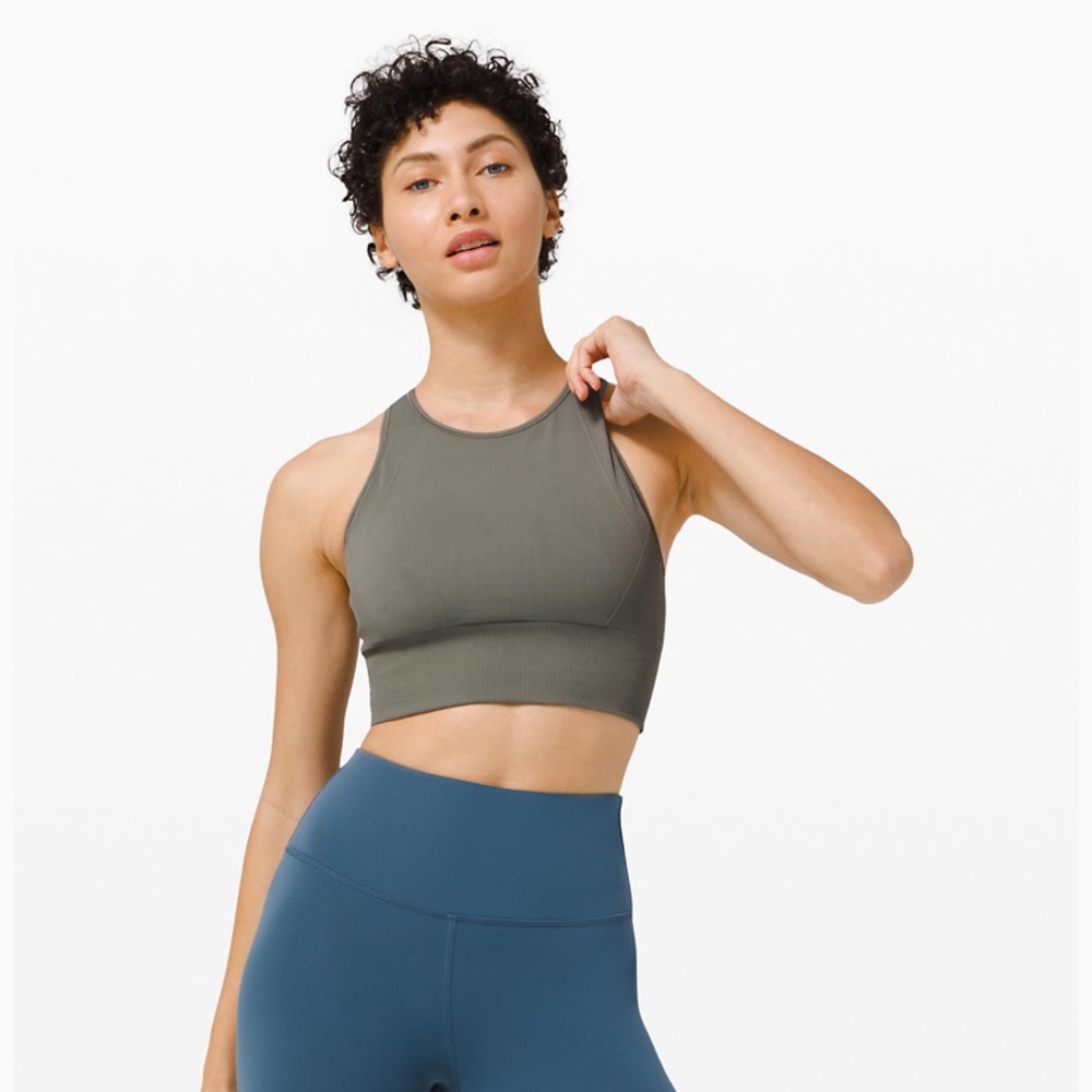 Lululemon High-Neck Ribbed Crop Bra in Olive Green